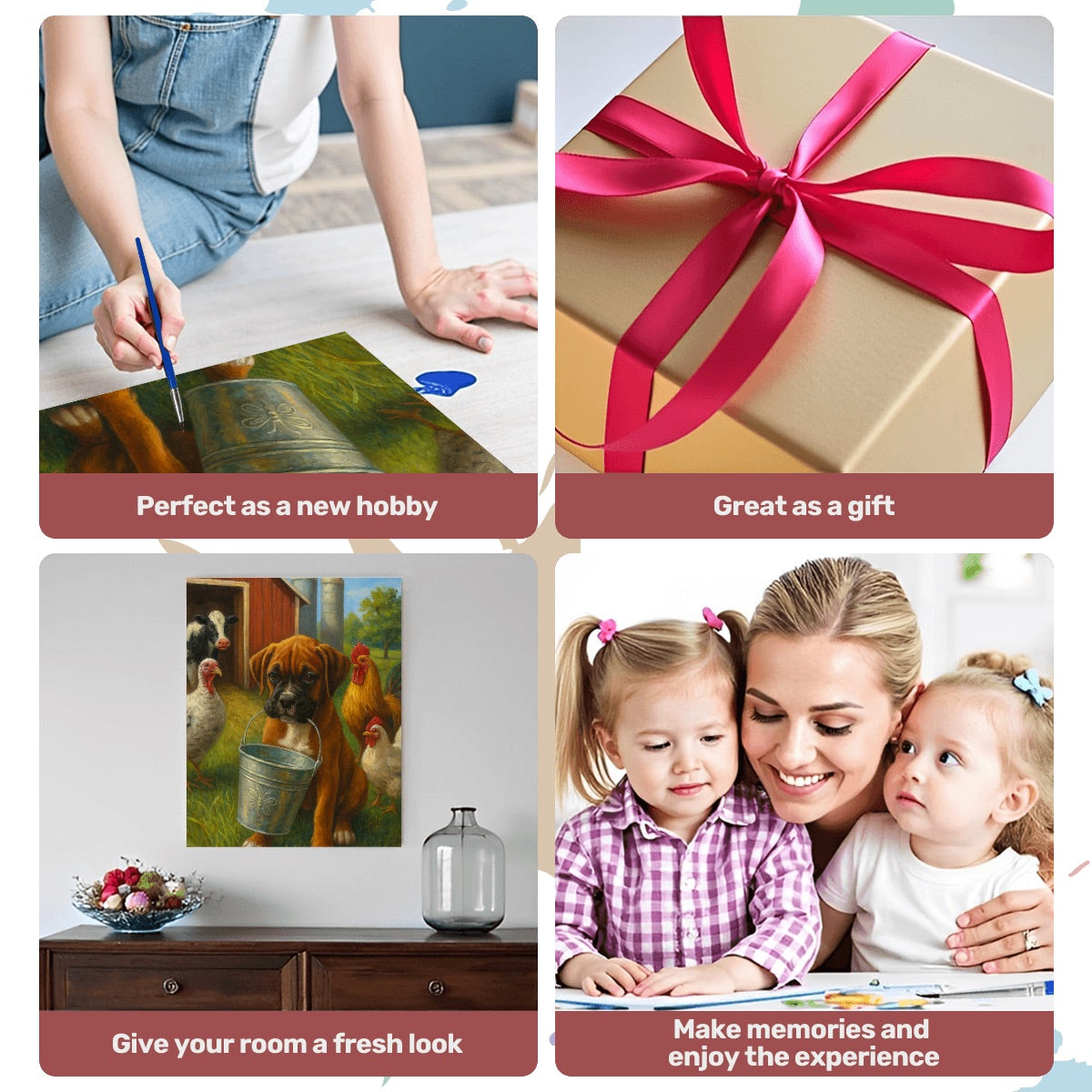 Mother with children and a custom paint-by-numbers canvas of an animal created from customer photo, 16x20 size, with included paints and brushes.