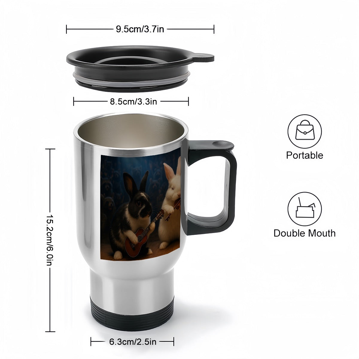 Custom 14 oz. insulated stainless steel travel mug featuring pet photo in a clean, professional layout.