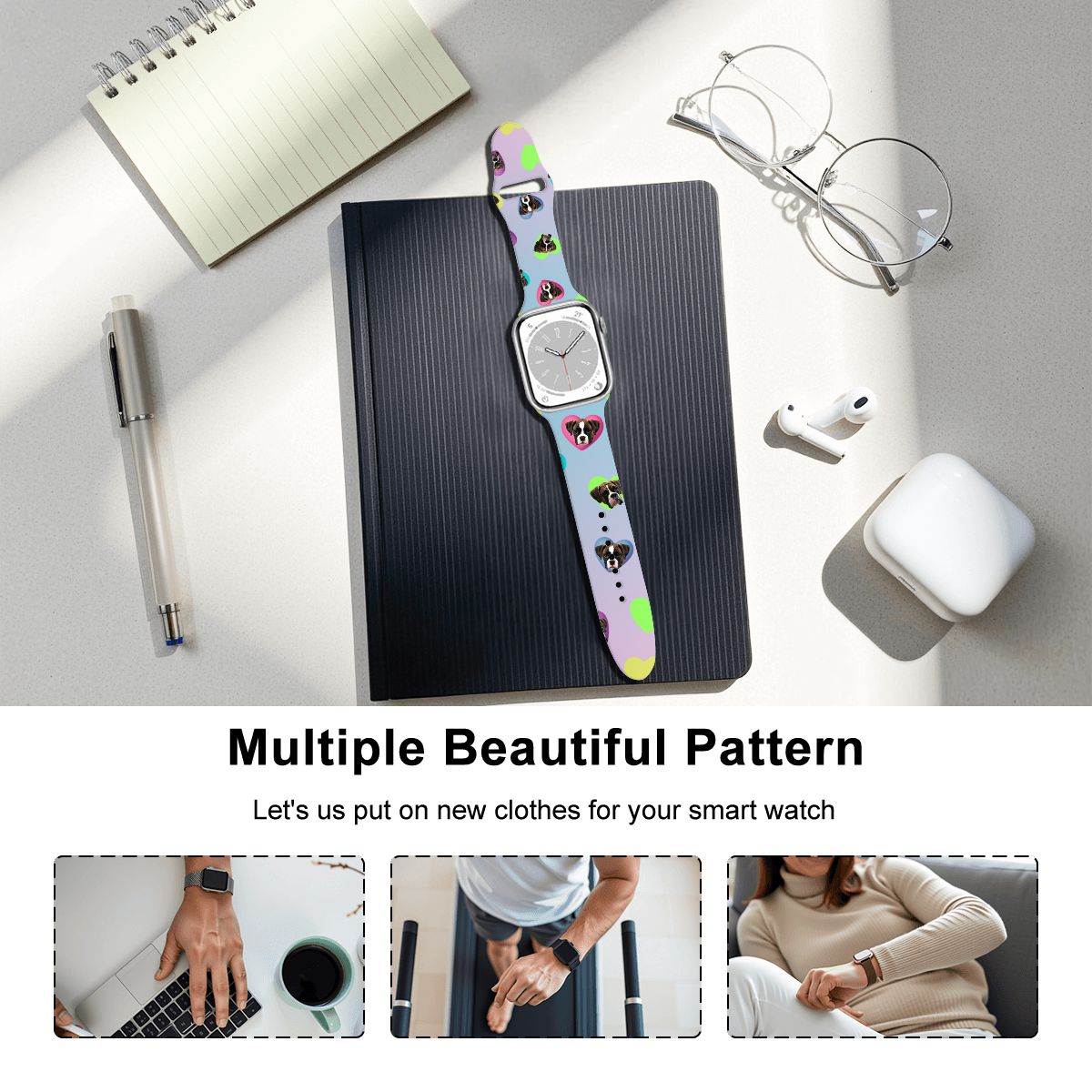 Collage showing multiple Apple Watch band designs with colorful printed patterns and examples of use on a wrist.”