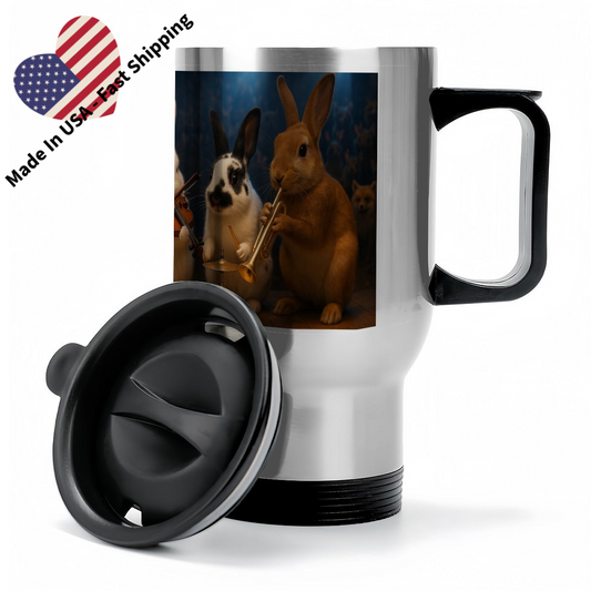 Custom 12oz insulated travel mug featuring pet photo in a clean, professional layout In stainless steel
