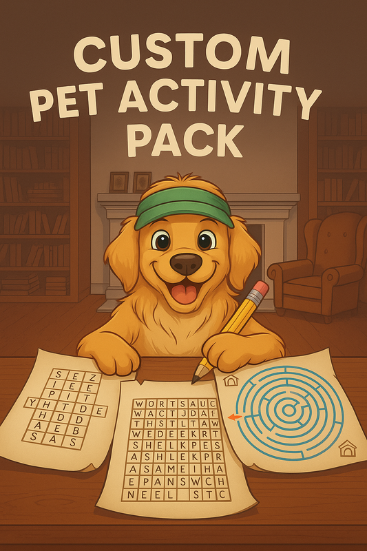 Custom printable pet activity pack featuring your dog or cat — personalized word search, maze, puzzles and coloring pages.