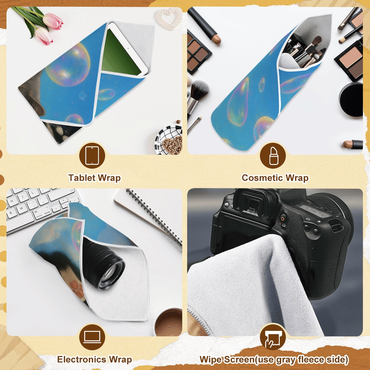 Images show alternative uses for the cat wrap, including a customized electronics wrap and a custom cosmetic wrap.