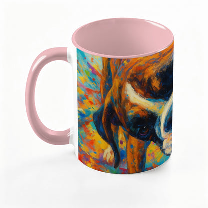 Custom 15oz pet photo mug with professionally edited image-pink handle.