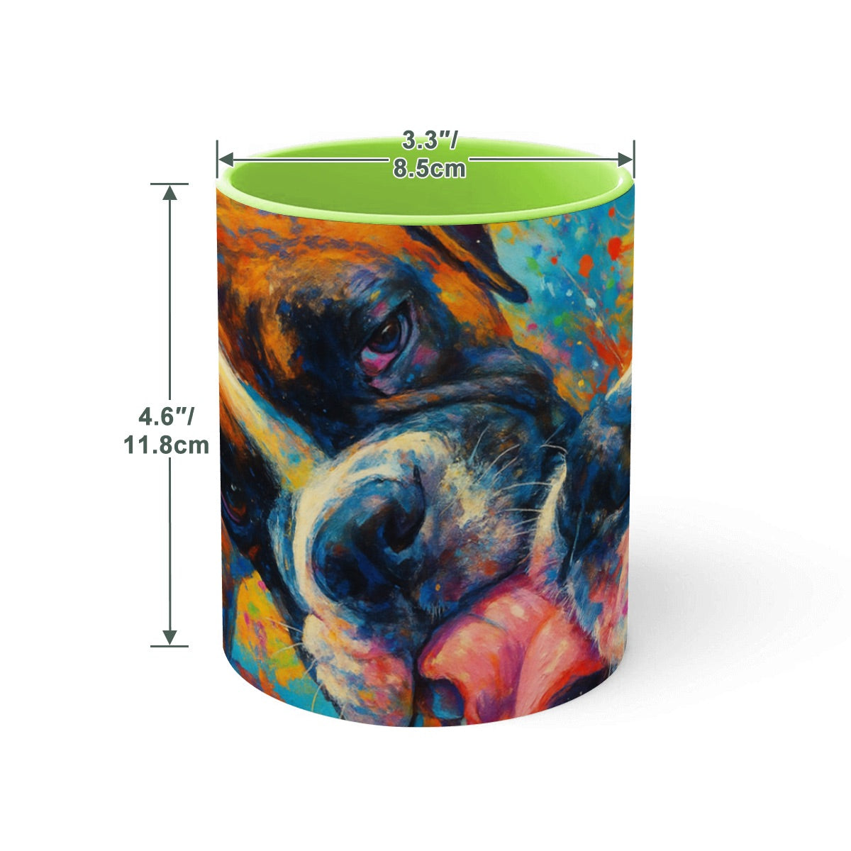 Custom 15oz pet photo mug with professionally edited image showing dimensions.