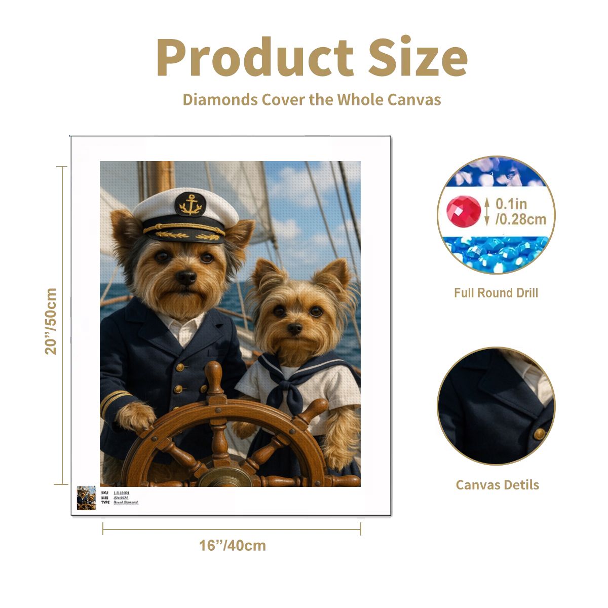 Diamond Painting size chart showing canvas dimensions for the 16x20 custom pet diamond painting kit.