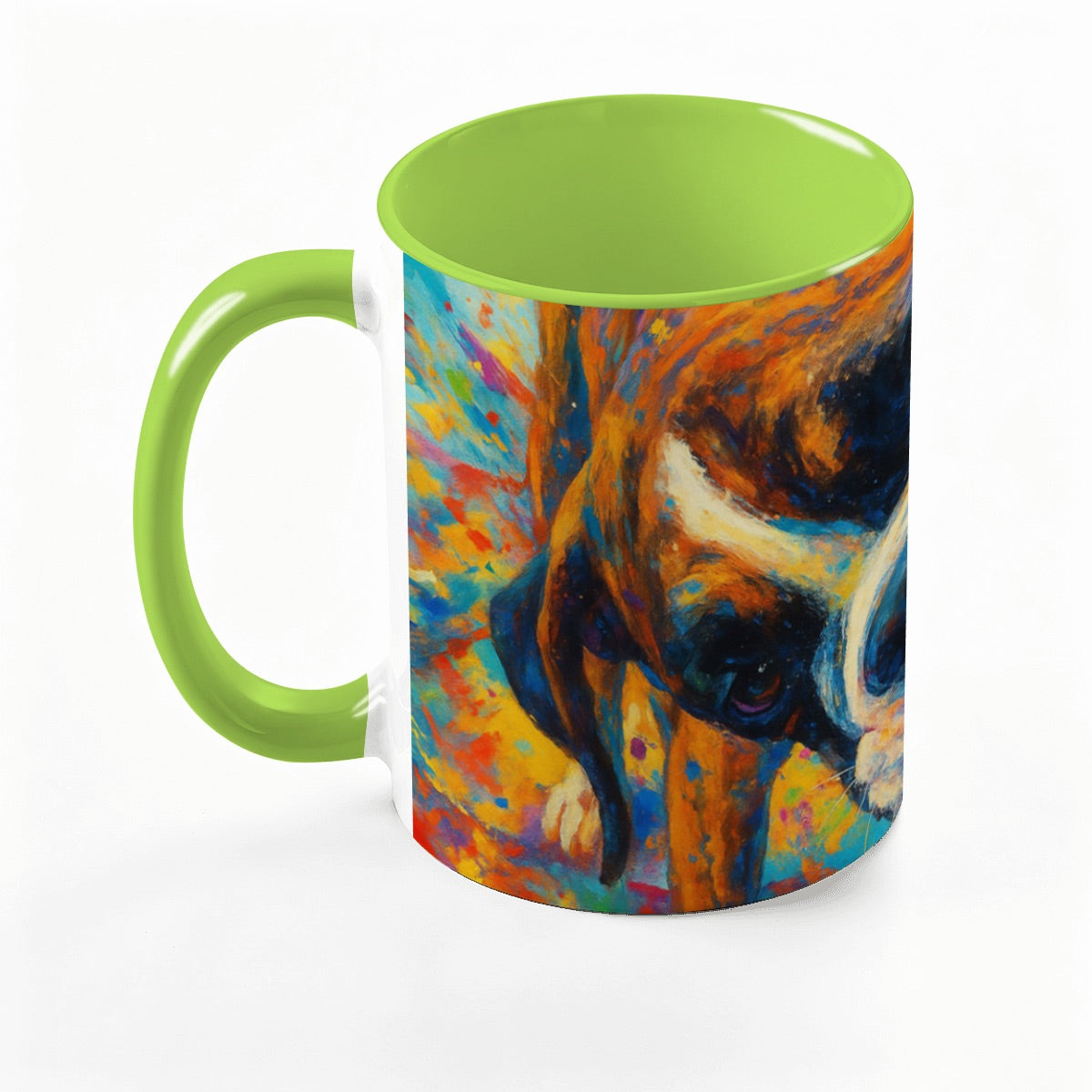 Custom 15oz pet photo mug with professionally edited image- lime green handle