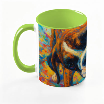 Custom 15oz pet photo mug with professionally edited image- lime green handle
