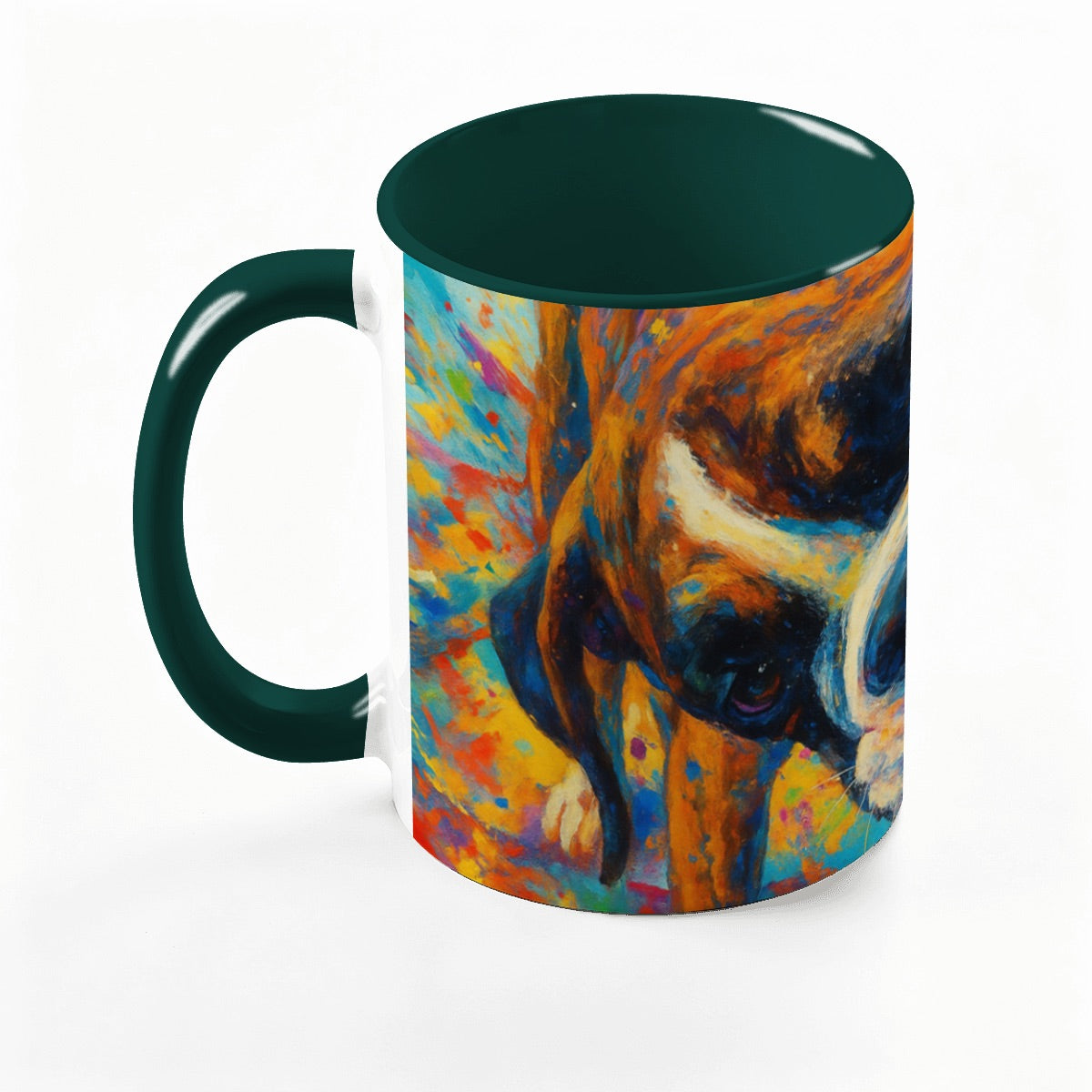 Custom 15oz pet photo mug with professionally edited image-dark green handle