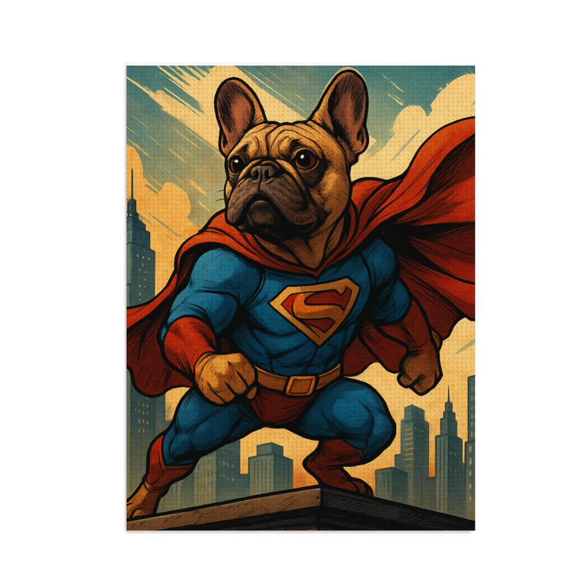 Custom pet diamond painting artwork of a dog illustrated as a superhero. Example of how your pet photo is transformed for the diamond painting kit.