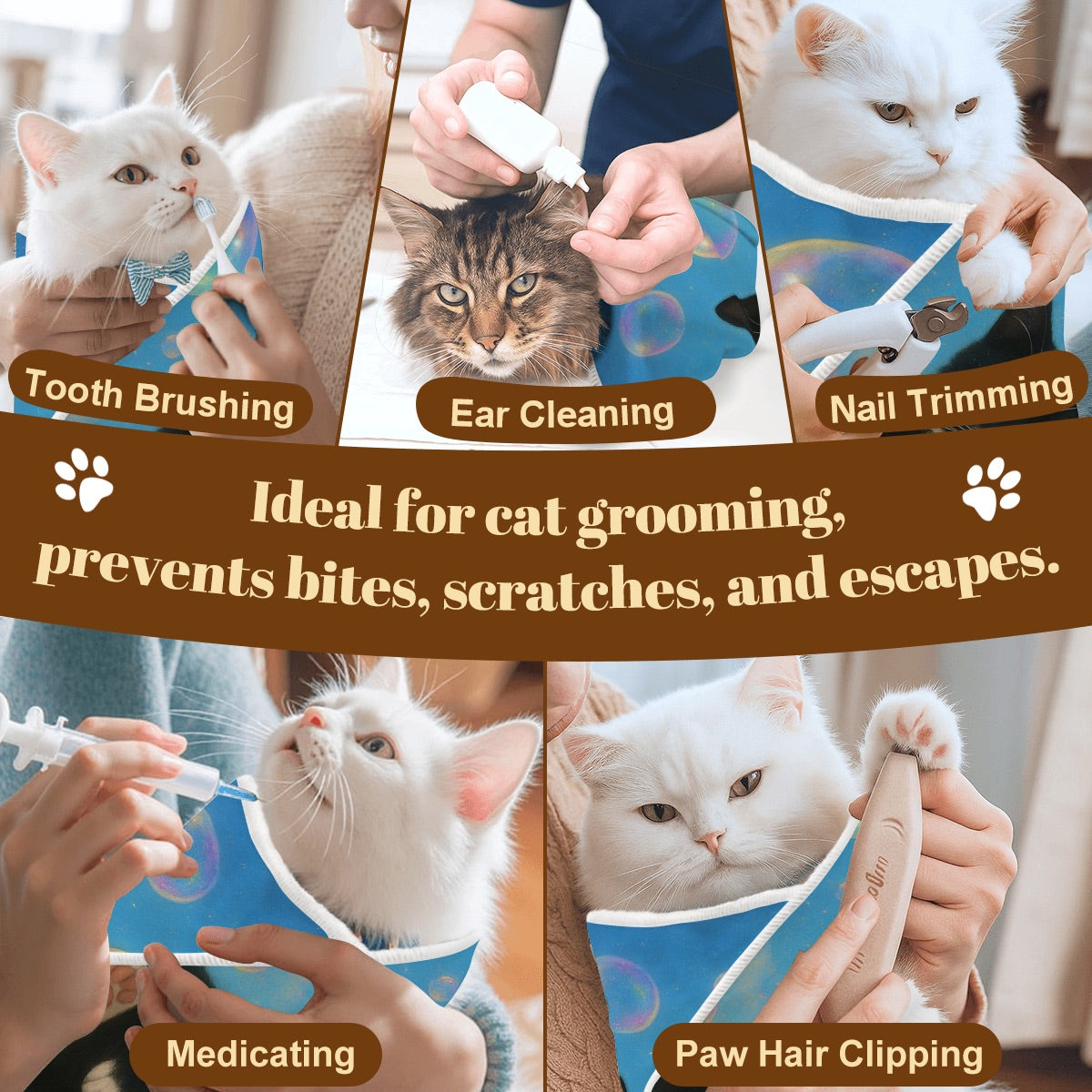 Image showing the various uses for the customized cat grooming wrap.