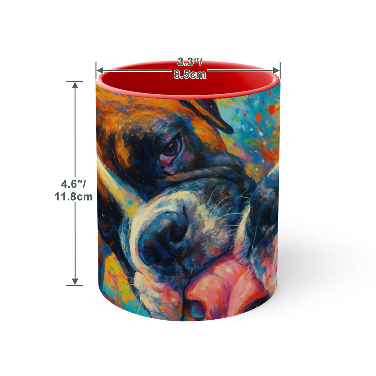 Image showing dimensions of Custom 15oz pet photo mug with professionally edited image.