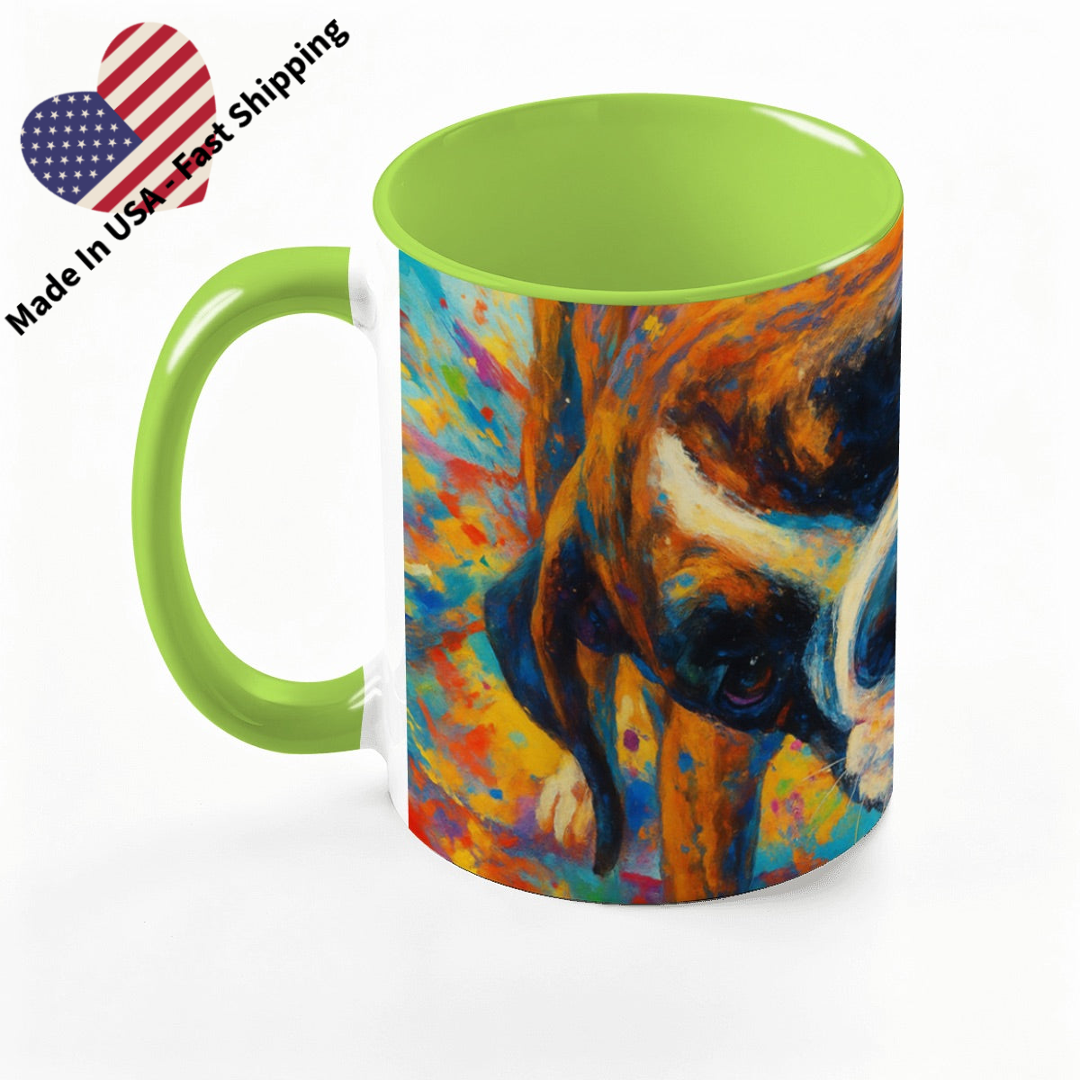 Custom 15oz pet photo mug with professionally edited image- lime green handle