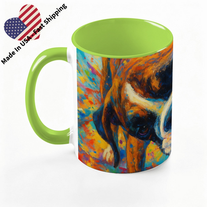 Custom 15oz pet photo mug with professionally edited image- lime green handle