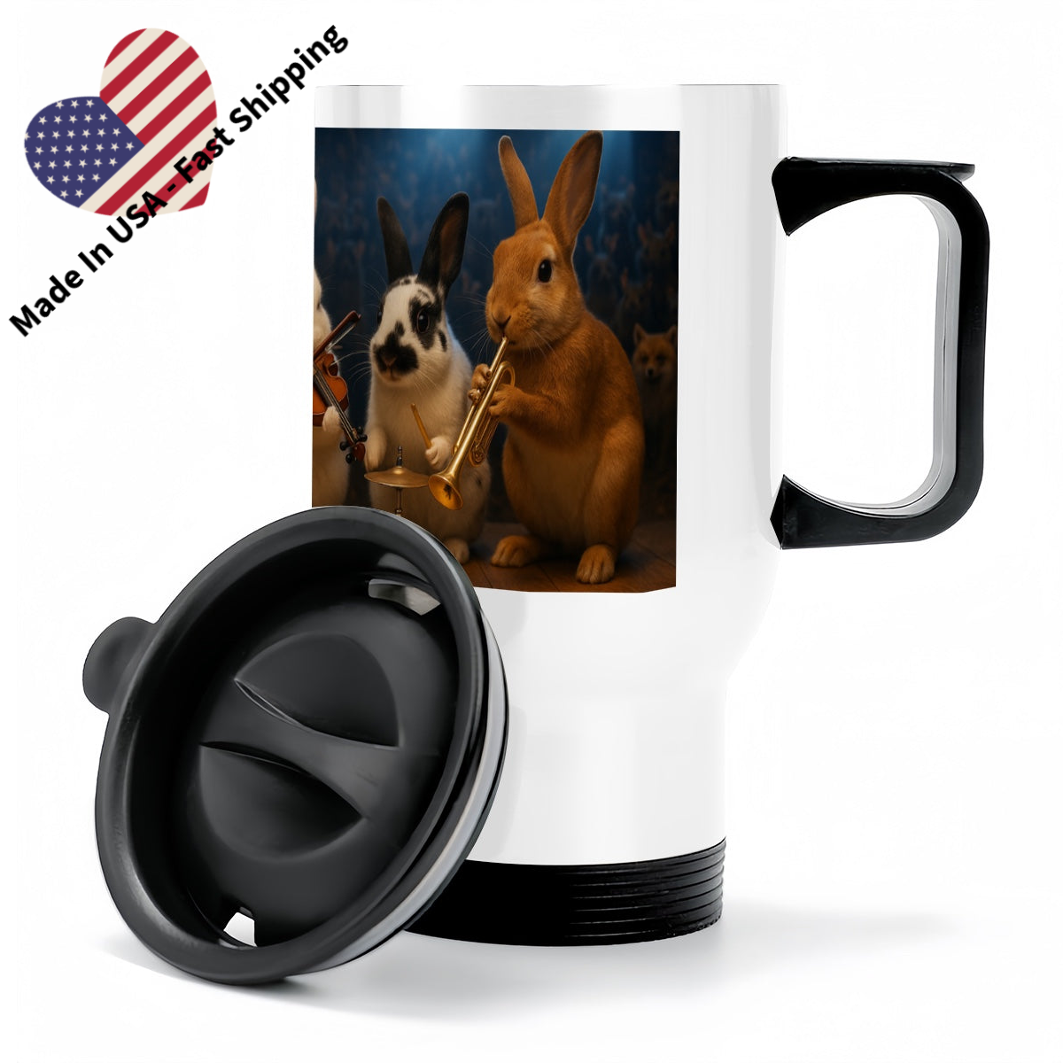 Custom 12oz insulated travel mug featuring pet photo in a clean, professional layout In white