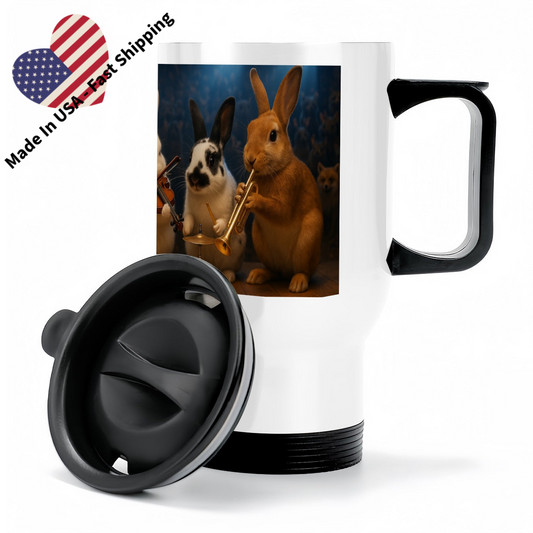 Custom 14oz. insulated travel mug featuring pet photo in a clean, professional layout with white exterior