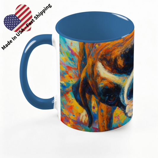 Custom 15oz pet photo mug with professionally edited image- light blue handle