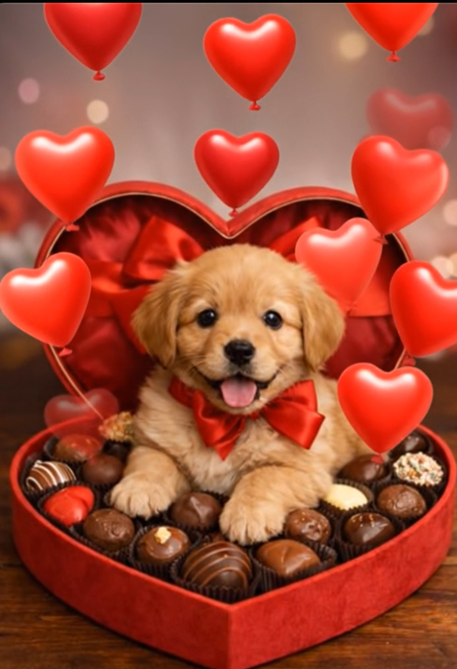 Custom Puzzle of a Puppy in a heart shaped box of chocolates. 
