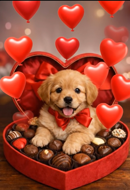 Custom Puzzle of a Puppy in a heart shaped box of chocolates. 