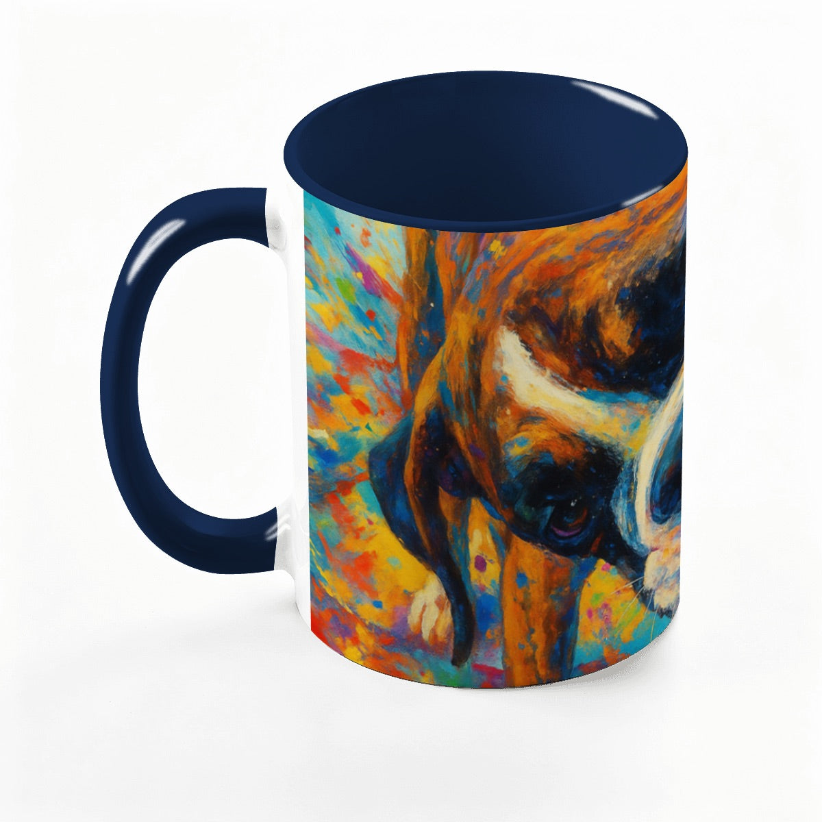 Custom 15oz pet photo mug with professionally edited image-Navy Blue handle.