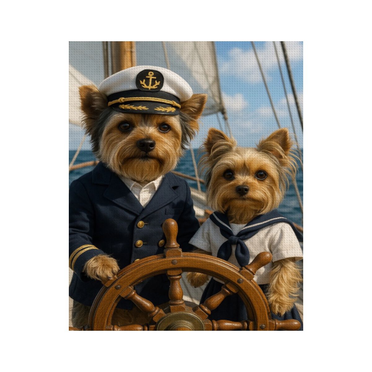 Custom pet diamond paint artwork of two Yorkie dogs sailing a sailboat. Example of how your pet photo is transformed for the diamond painting kit.