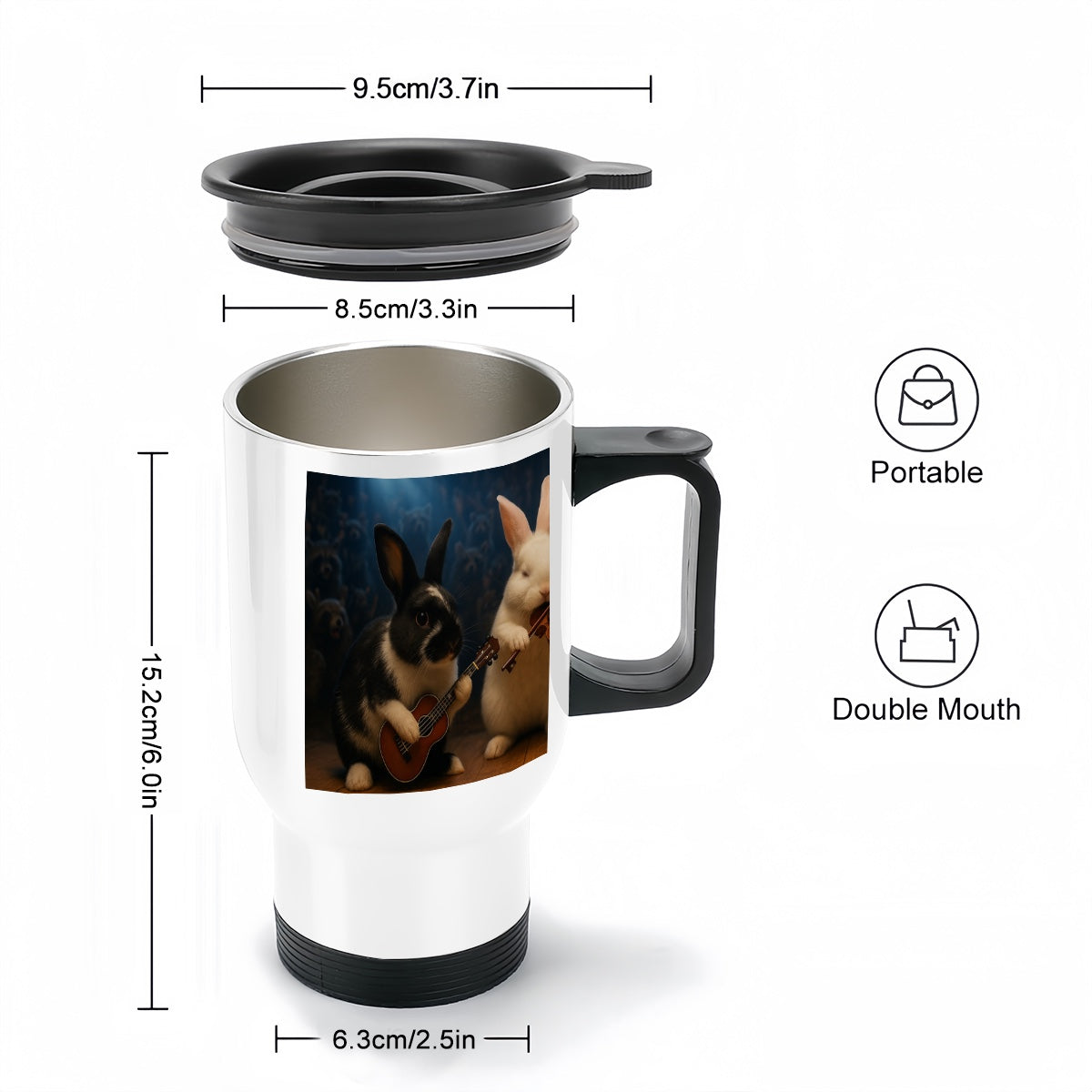 Custom 14oz. insulated travel mug featuring pet photo in a clean, professional layout