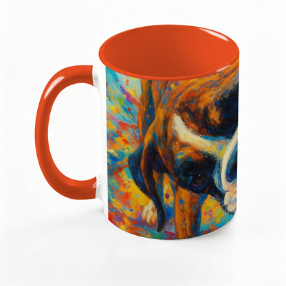 Custom 15oz pet photo mug with professionally edited image-orange handle.