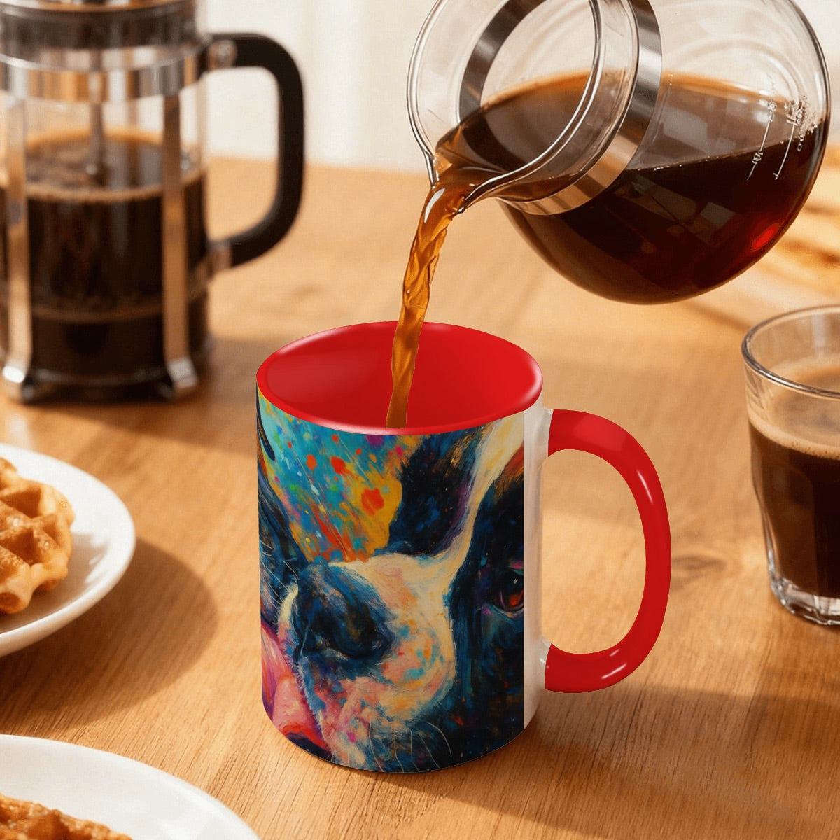 Person pouring a cup of coffee into Custom 15oz pet photo mug with professionally edited image.