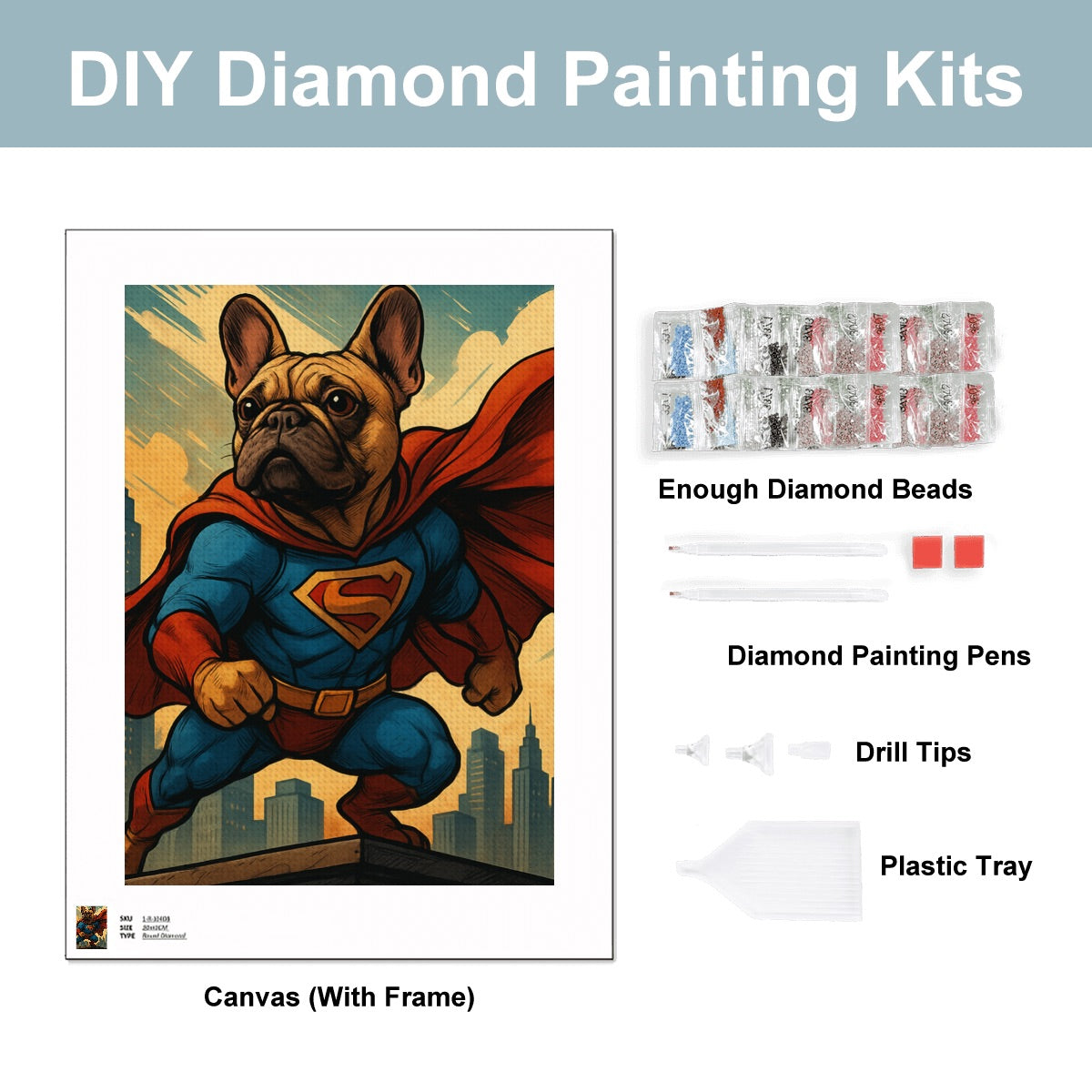 Custom pet diamond painting it includes canvas, color diamonds, tray, pen tool, and wax for easy crafting.