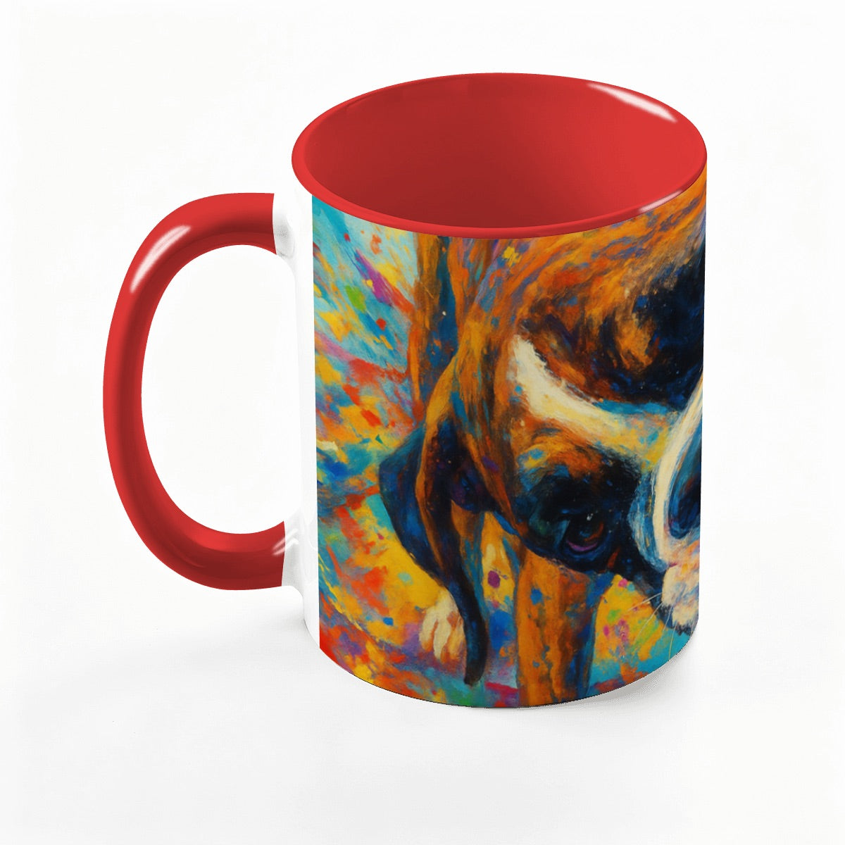 Custom 15oz pet photo mug with professionally edited image - red handle
