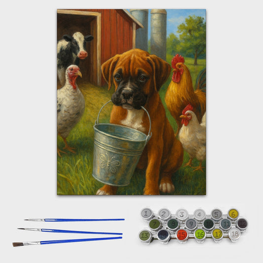 Custom paint-by-numbers canvas of an animal created from customer photo, 16x20 size, with included paints and brushes.